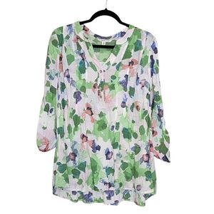Zac & Rachel Womens Top 2X Floral Watercolor Lightweight Roll Tab Sleeves